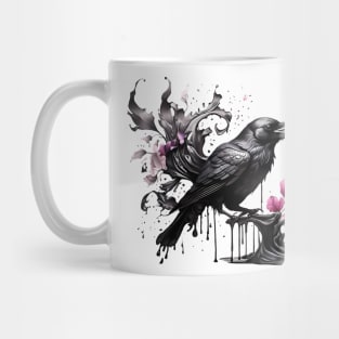 Ink Crow and sakura - Ink dripping effect Mug